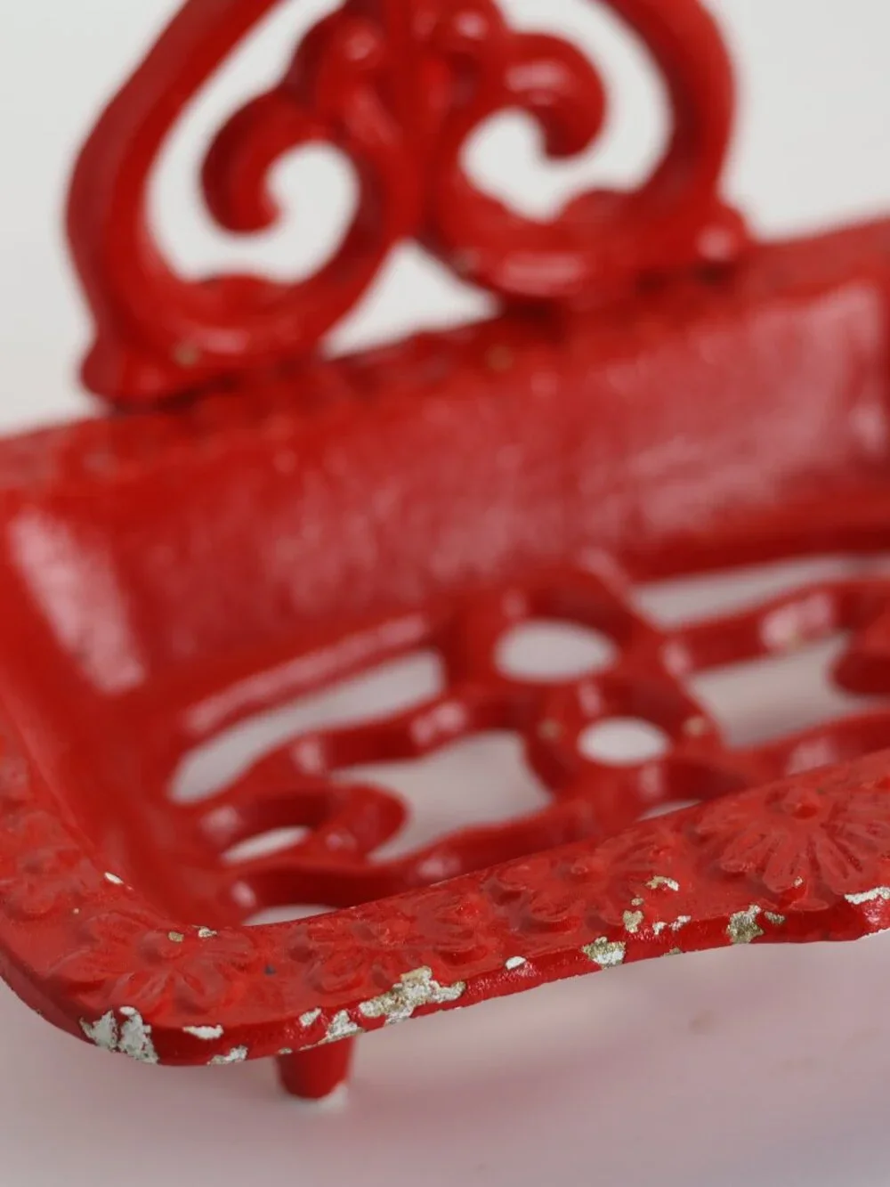 Vintage Ornate Red Cast Iron Footed Soap Dish Holder